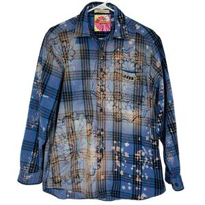 Handmade Stencil Flannel Shirt Womens Medium Bleached Plaid Button Down Floral